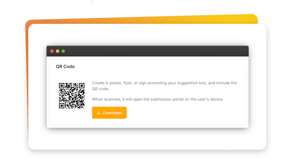 Application screen showing the downloadable QR code for the SavvyIdeas suggestion box