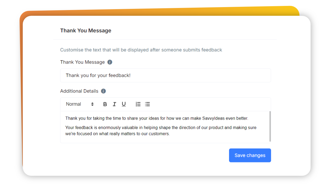 Application screen showing how to change the suggestion box's thankyou message