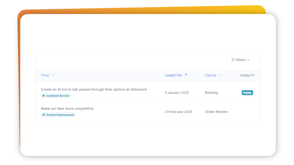 Application screen showing howclickable table headers enabling submission sort order to be changed