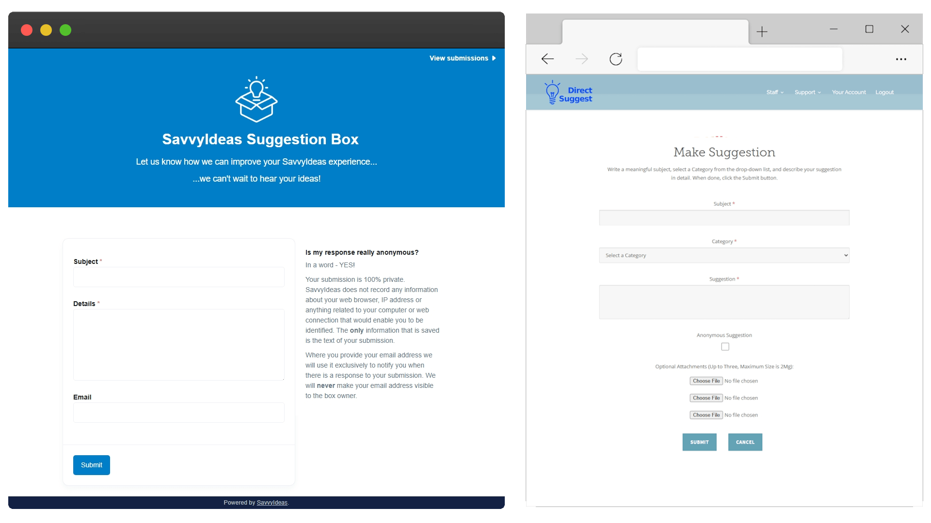SavvyIdeas and DirectSuggest's suggestion boxes side by side